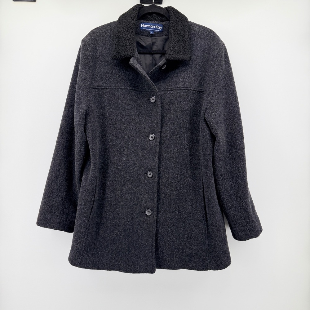 Herman Kay Womens Gray 100% Wool Button Front Coat Size Large vintage